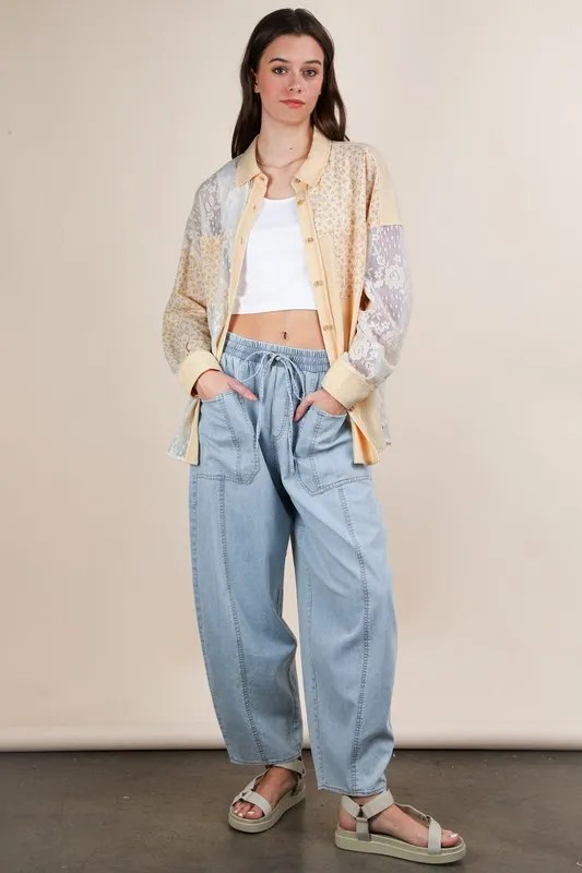 Plus Size Contrast Ribbed Knit Lace Shacket