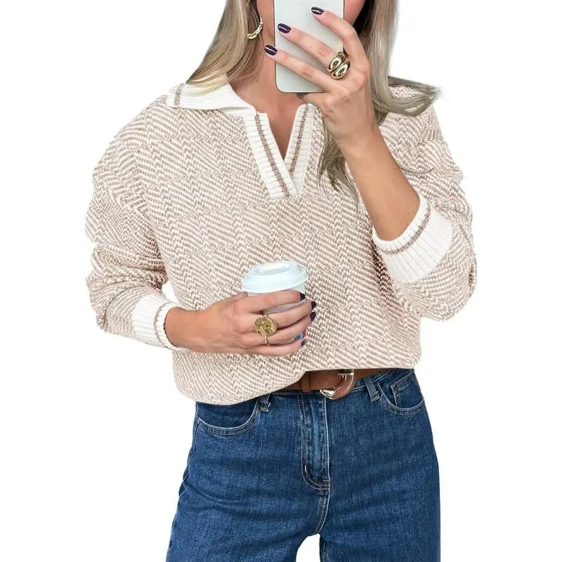 Womens V Neck Knit Sweater Color Block Long Sleeve