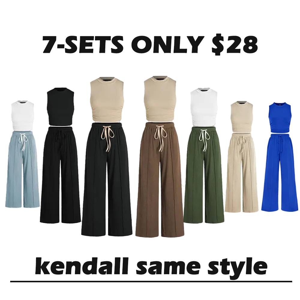 kendall same style Women's 2-Piece Ruched Tank Top and Elastic Waist Tie Trousers Set – Casual Lounge Outfit, 6 Colors