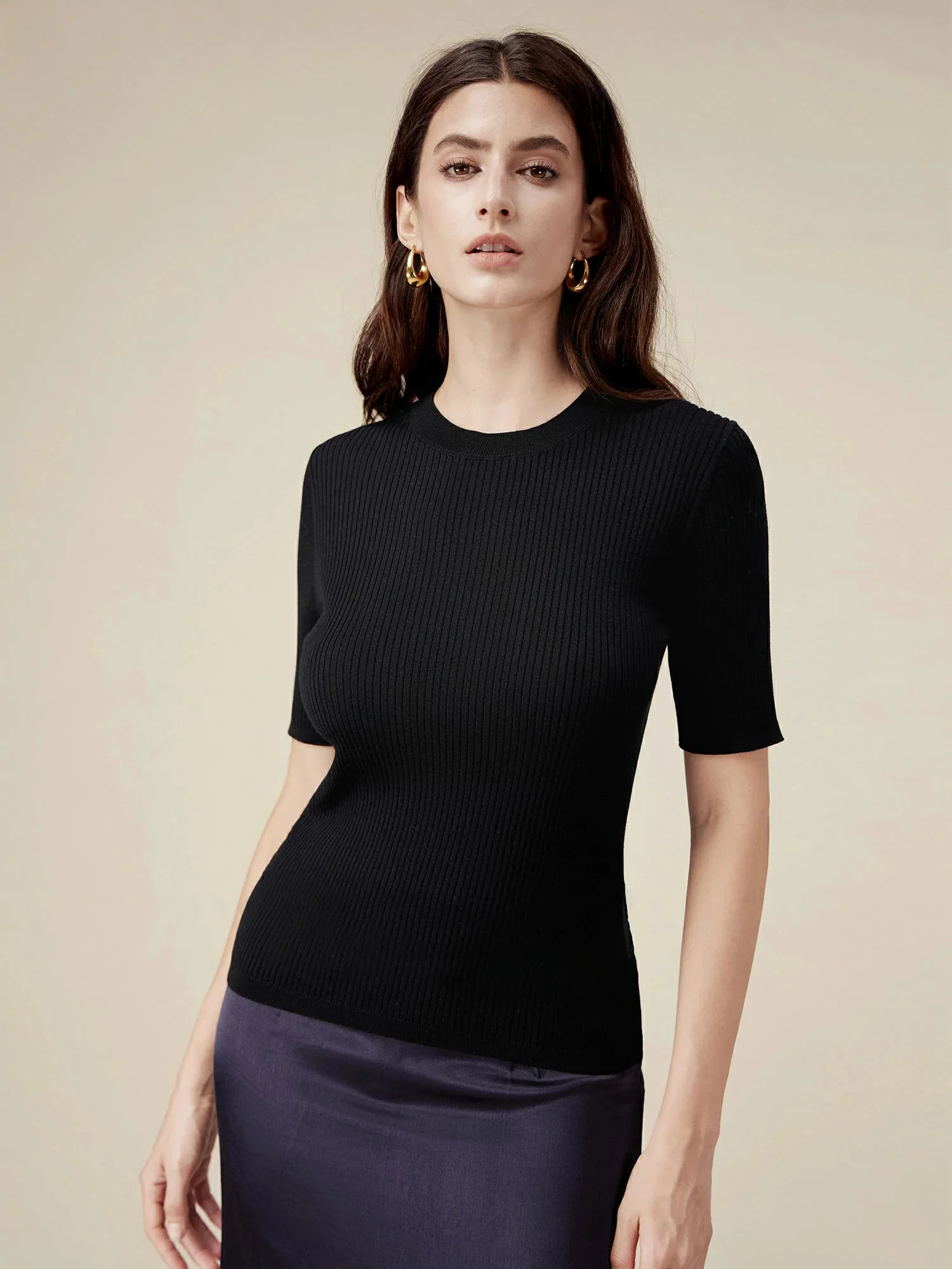 100% Lyocell Ribbed Knit Slim Fit Top