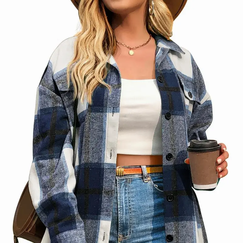 Womens Plus Size Shacket Jacket Flannel Plaid Long Sleeve