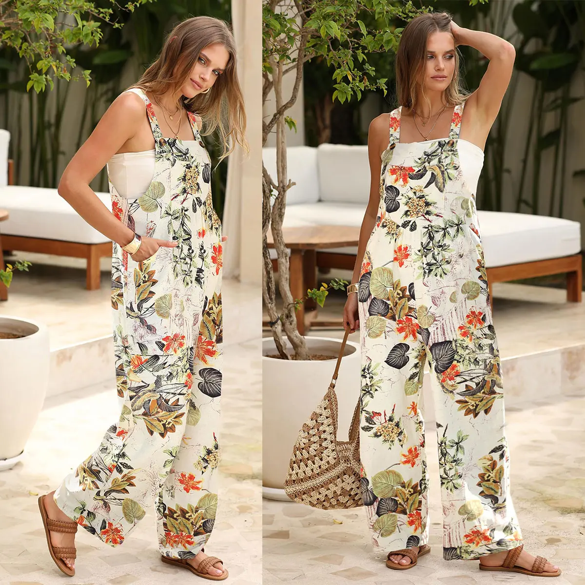 Tanming Women's Patchwork Dual Pocket Jumpsuit Loose Floral Print Bohemian Wide Leg Bib Overall Springfresh