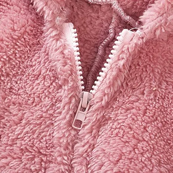 Women's Solid Zipper Hooded Plush Pajama Jumpsuit