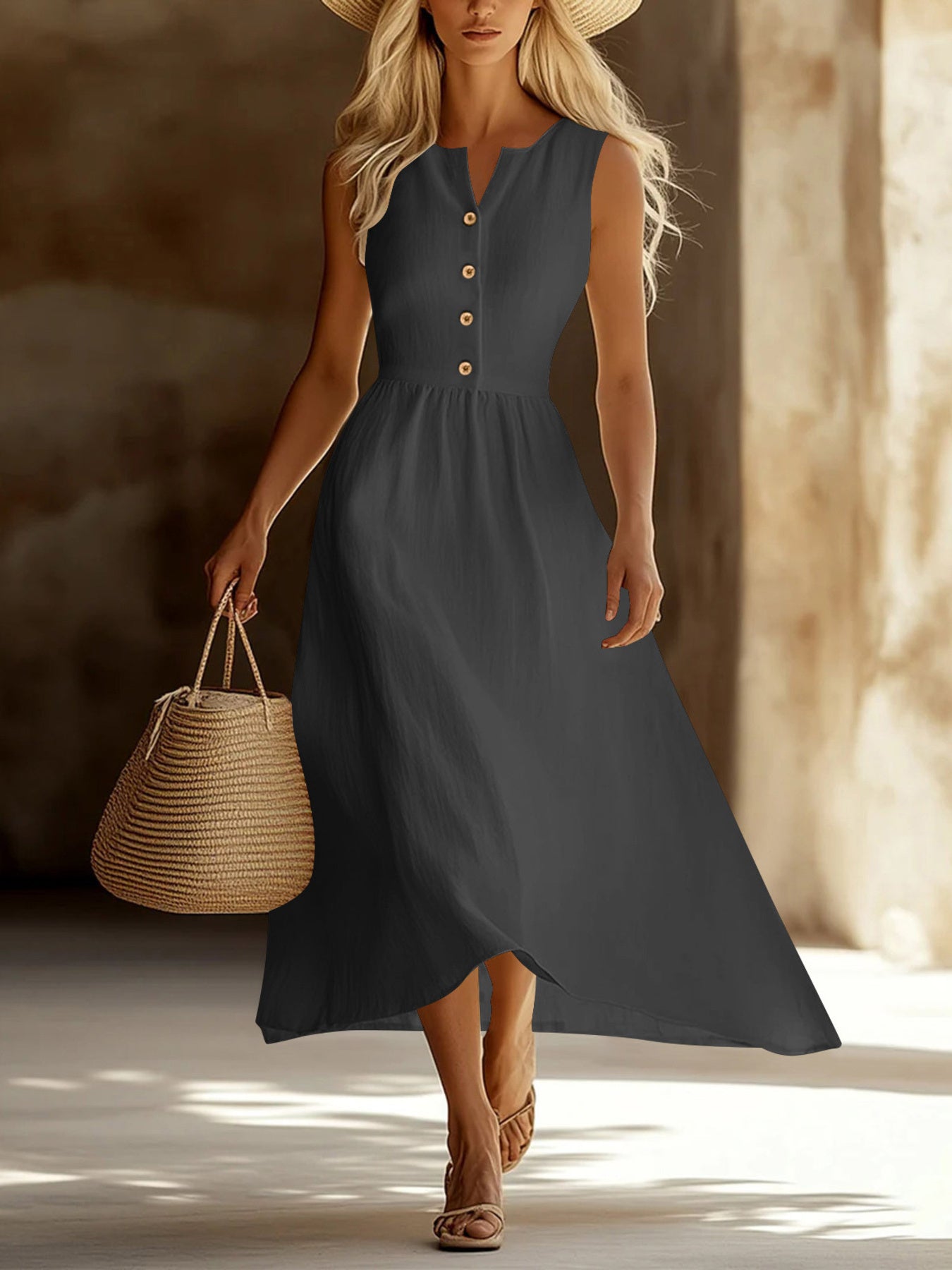 Sleeveless Button Front Flowy Midi Dress