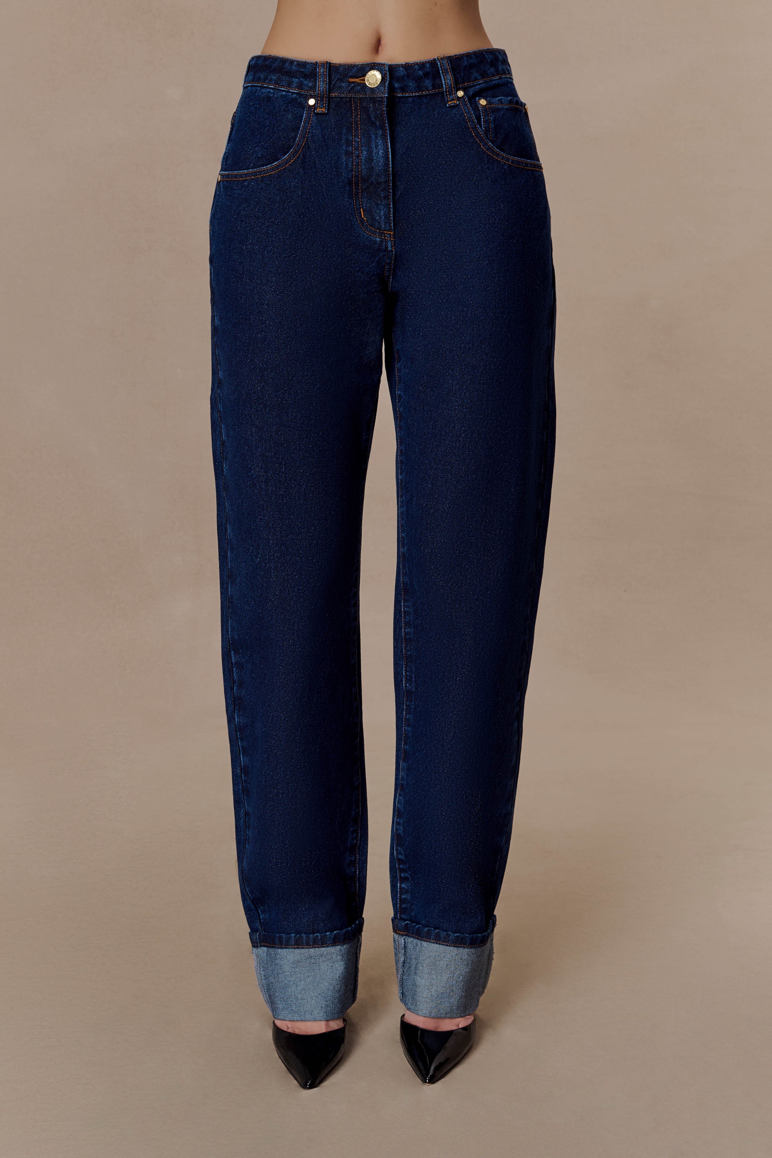 Blue Straight Leg Cuffed Jeans