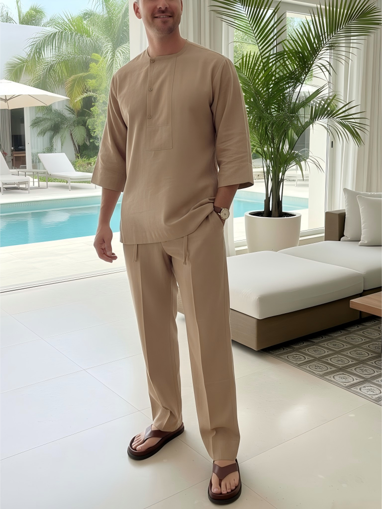 Men's Exclusive Design Side Button Cotton and Linen T-shirt