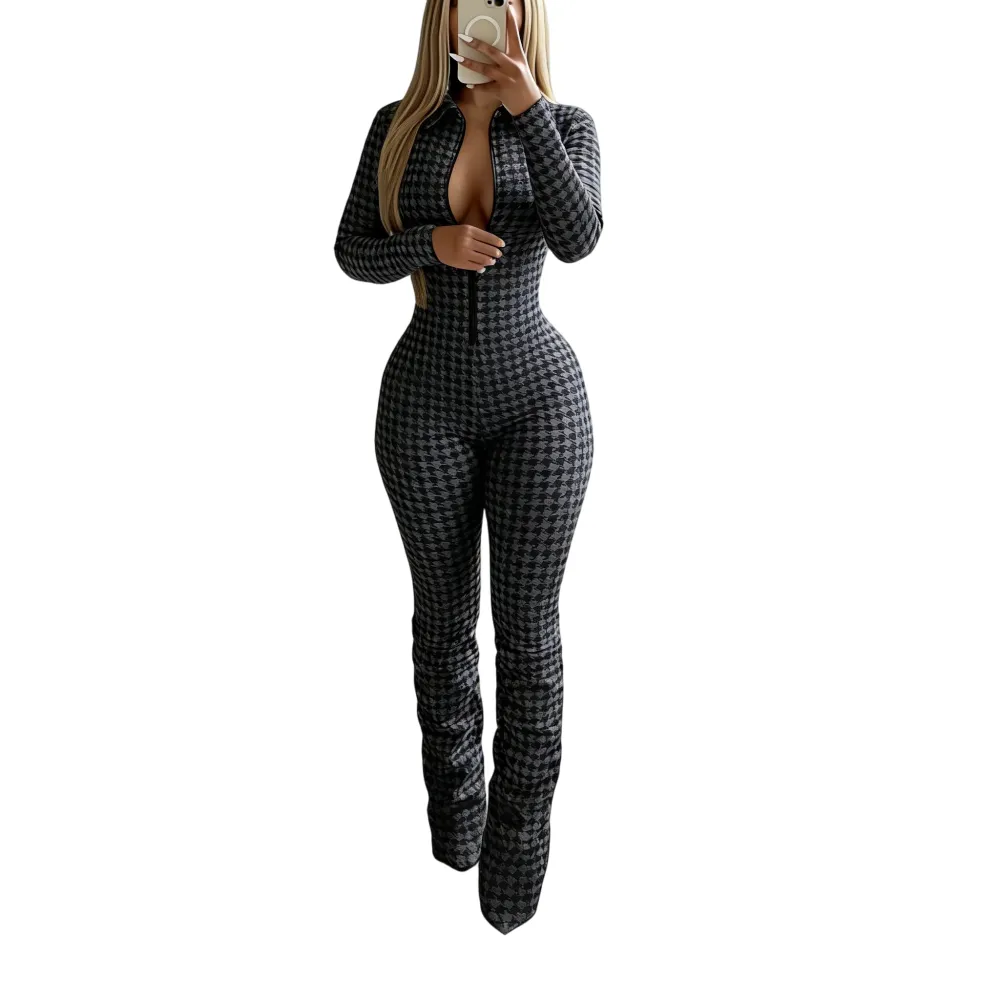 Women's timeless houndstooth jumpsuit with zipper closure