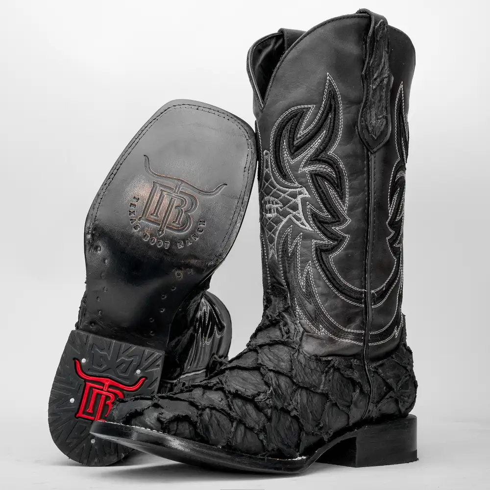 Matte Black Jumbo Pirarucu Leather Boots - Square Toe