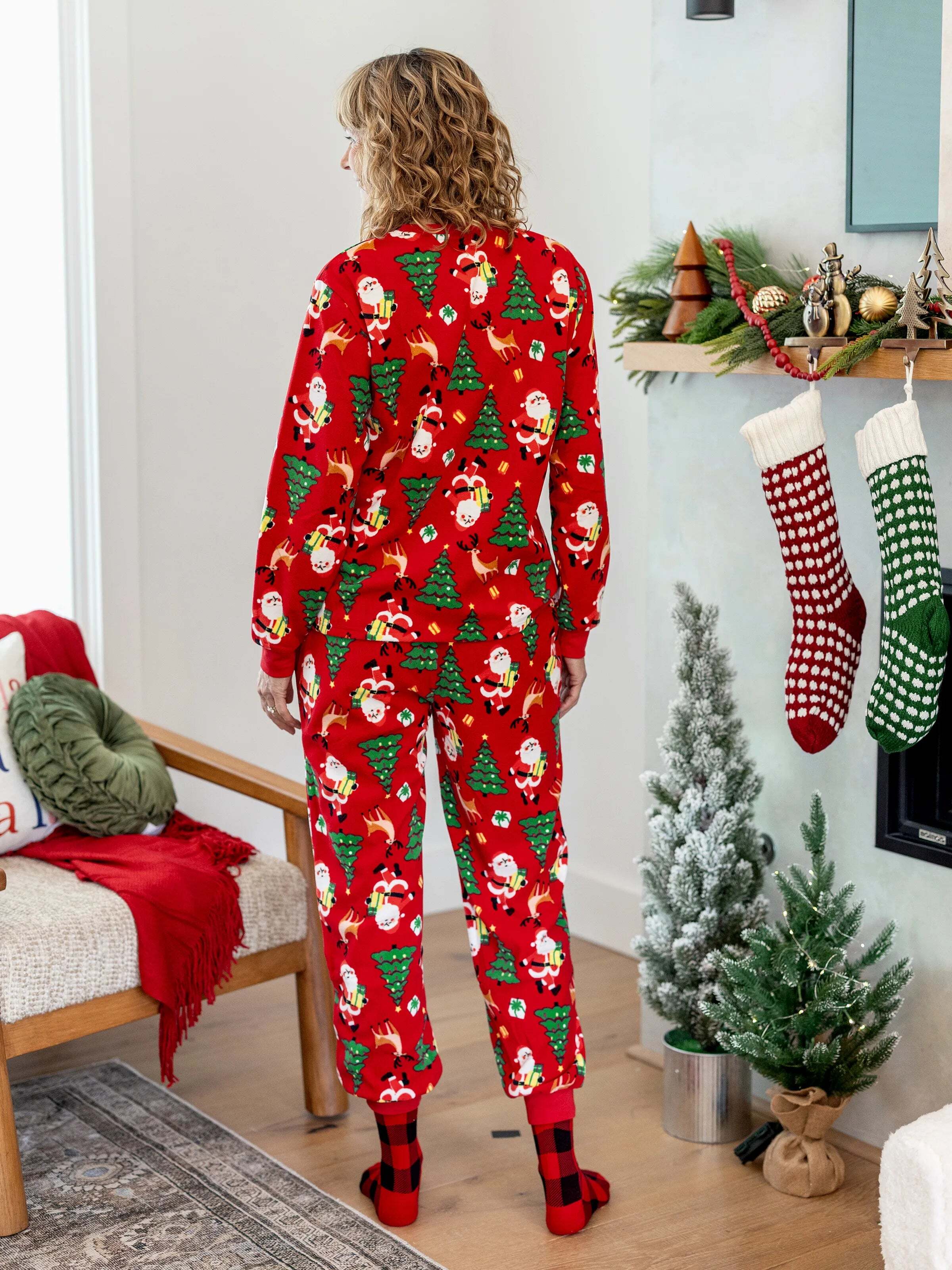Christmas Matching Family Pajamas Set Santa Claus and Christmas Tree Print Red Fleece PJS with Christmas Socks Red