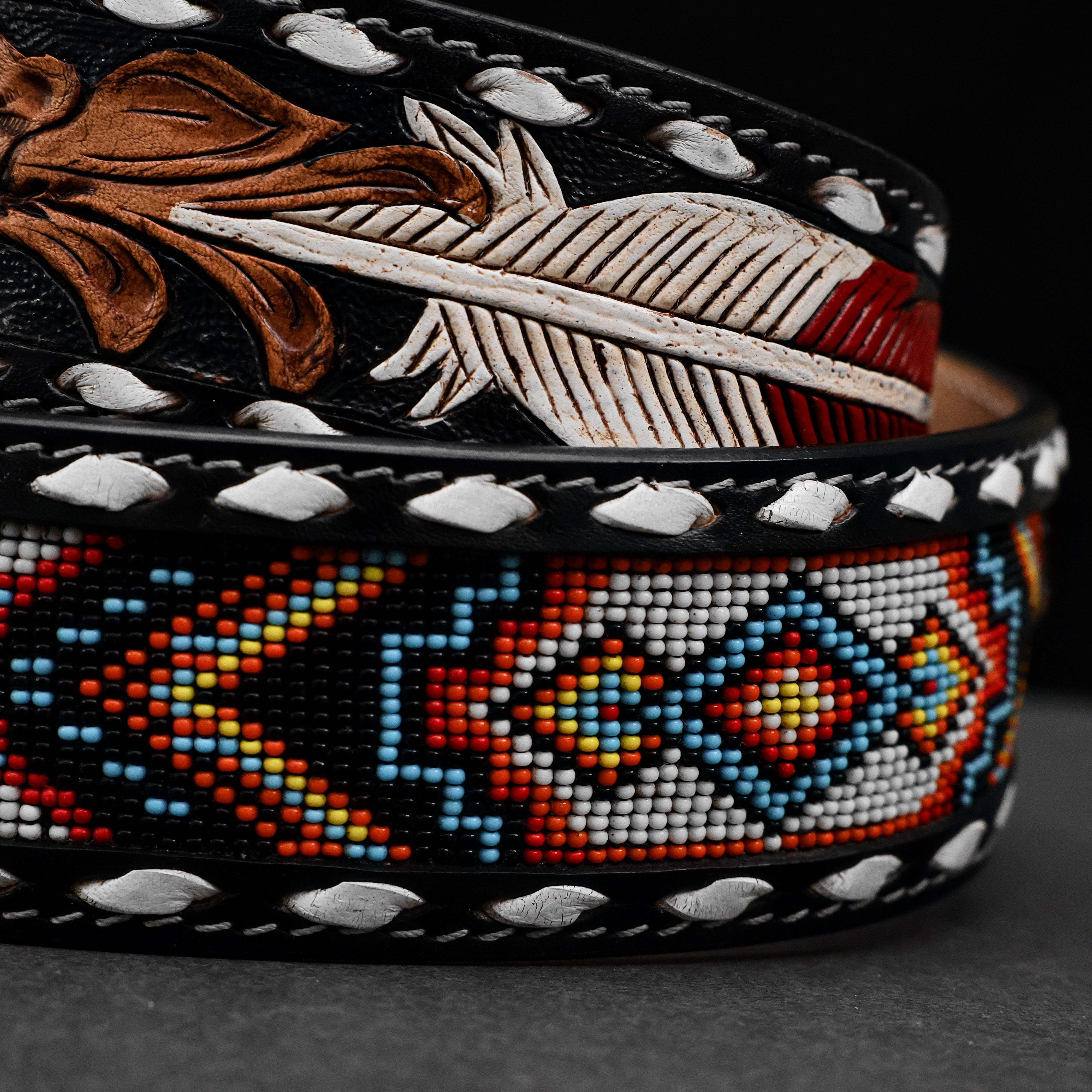 2 Inch Hand-Tooled Artesanal Beaded Leather Belt