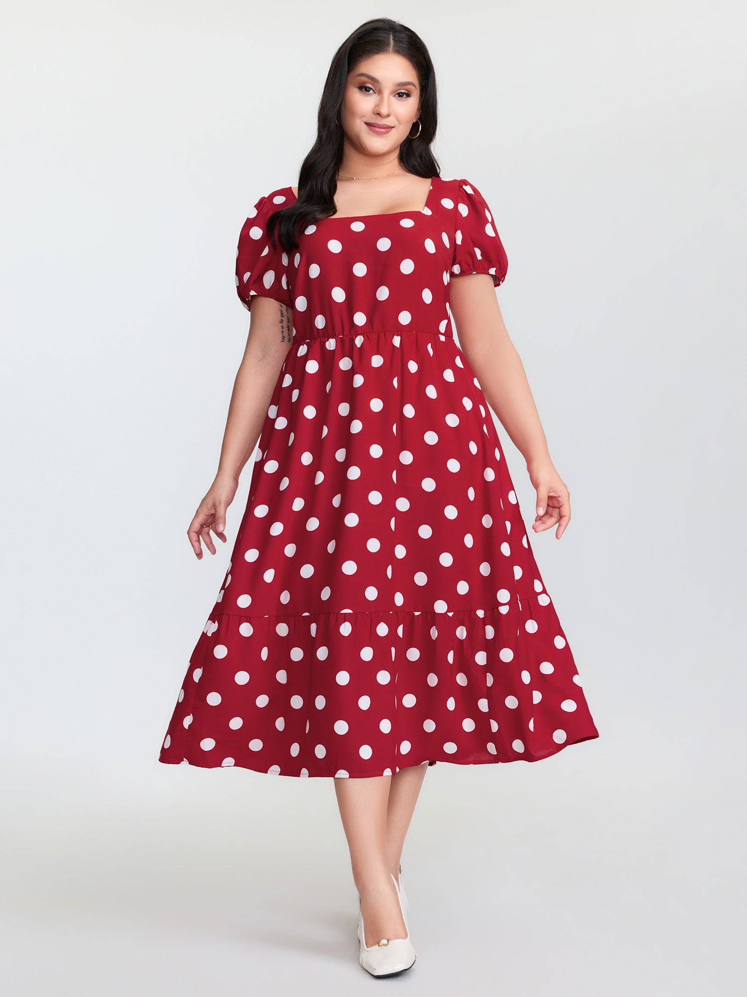 Polka Dots Shirred Cinched Waist Midi Dress