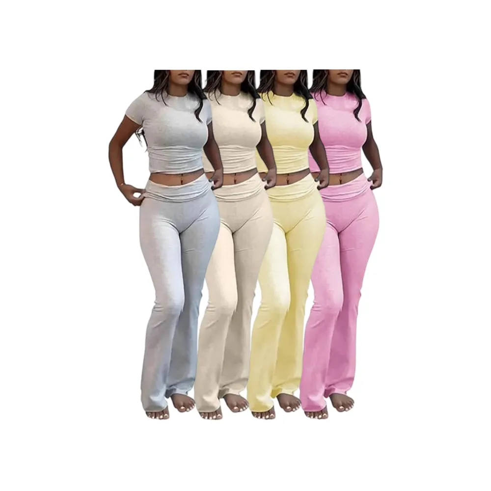 Women's Two-Piece Casual Set: Fitted Short-Sleeve Top with Bell-Bottom Pants