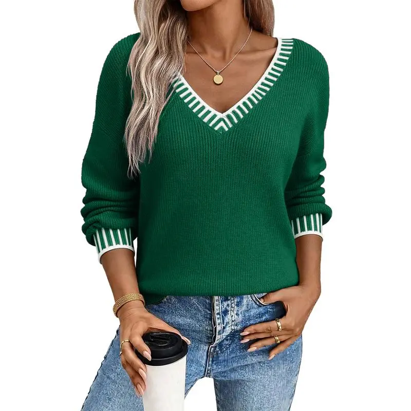 Womens Sweaters Long Sleeve V neck Warm Pullover Knit Tops
