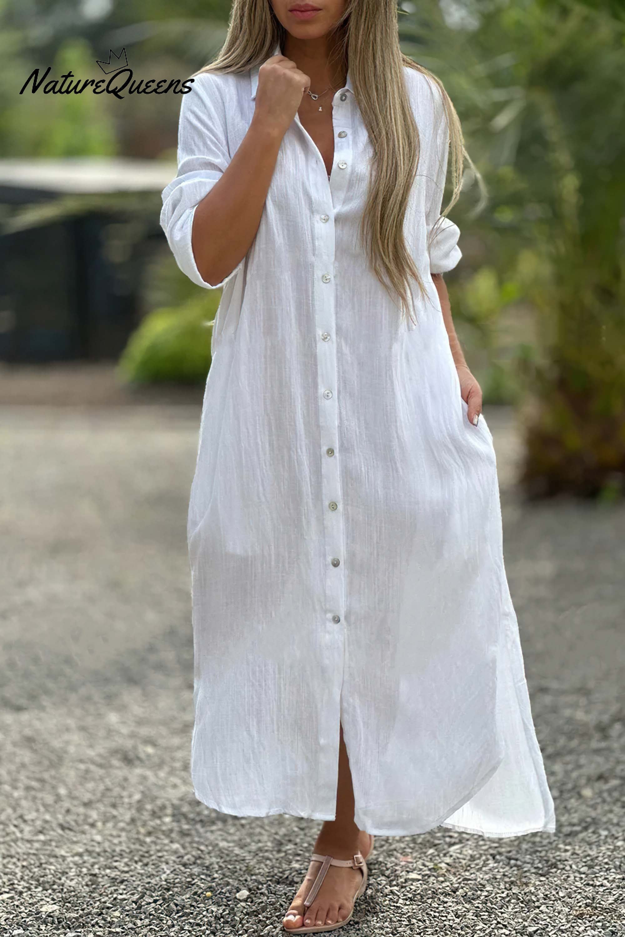 Long Sleeve Cardigan Cotton Linen Shirt Dress