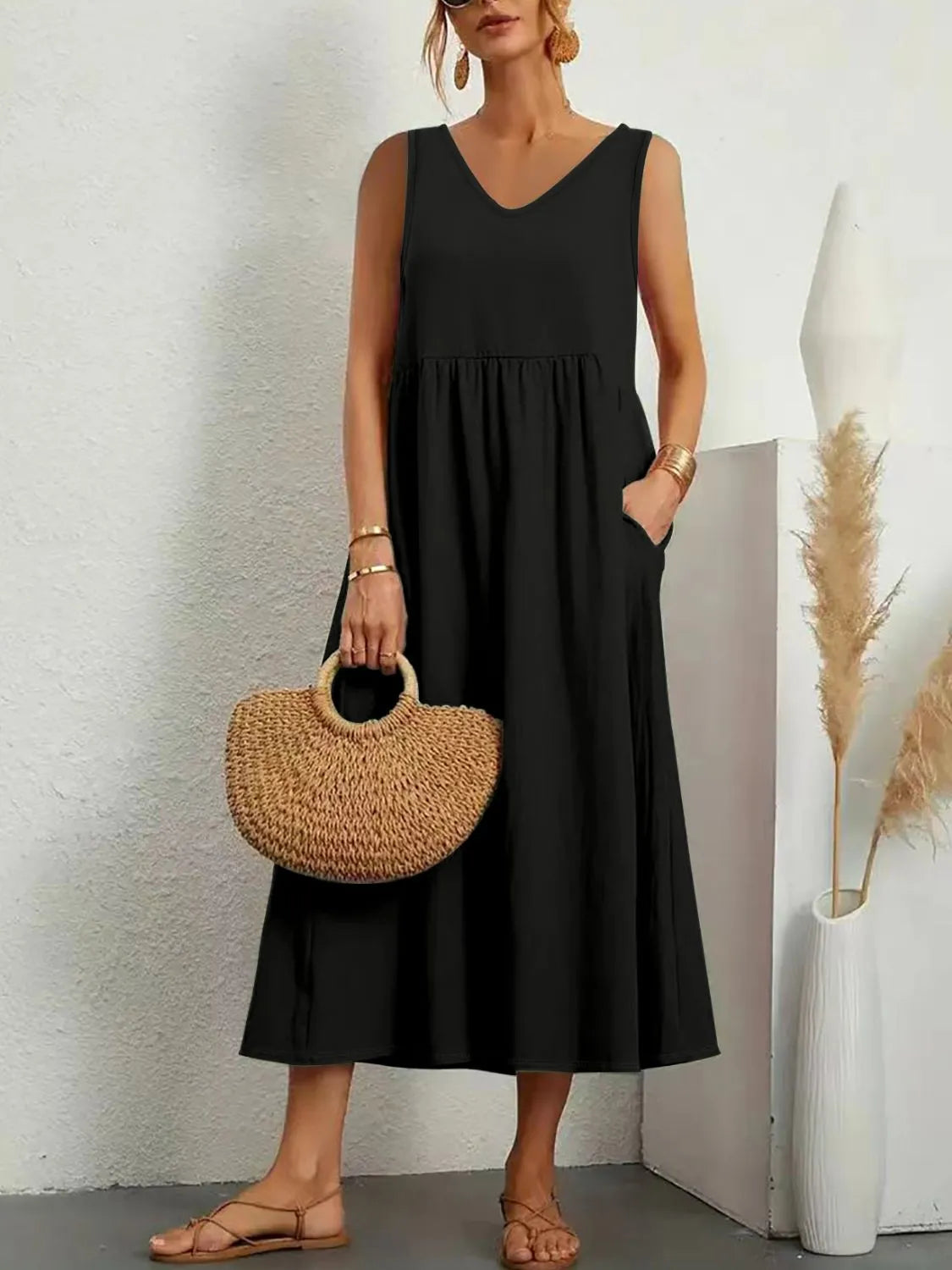 Full Size Pocketed V-Neck Sleeveless Midi Dress Plus Size