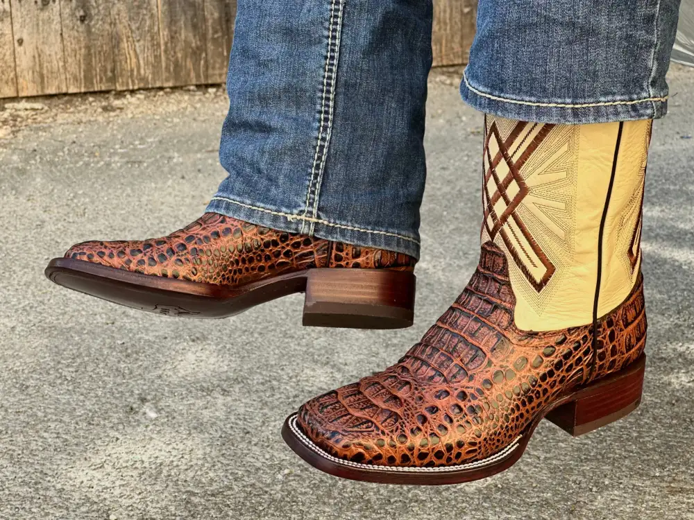 Mens Cognac Crocodile Leather Boots With Yellow Shaft