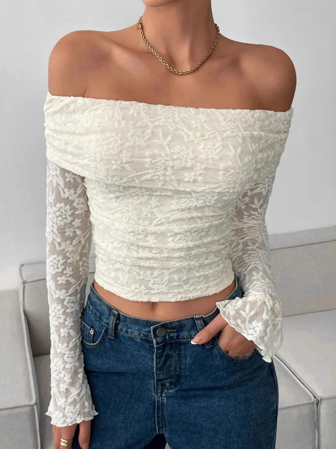 Off Shoulder Long Sleeve Lace Top