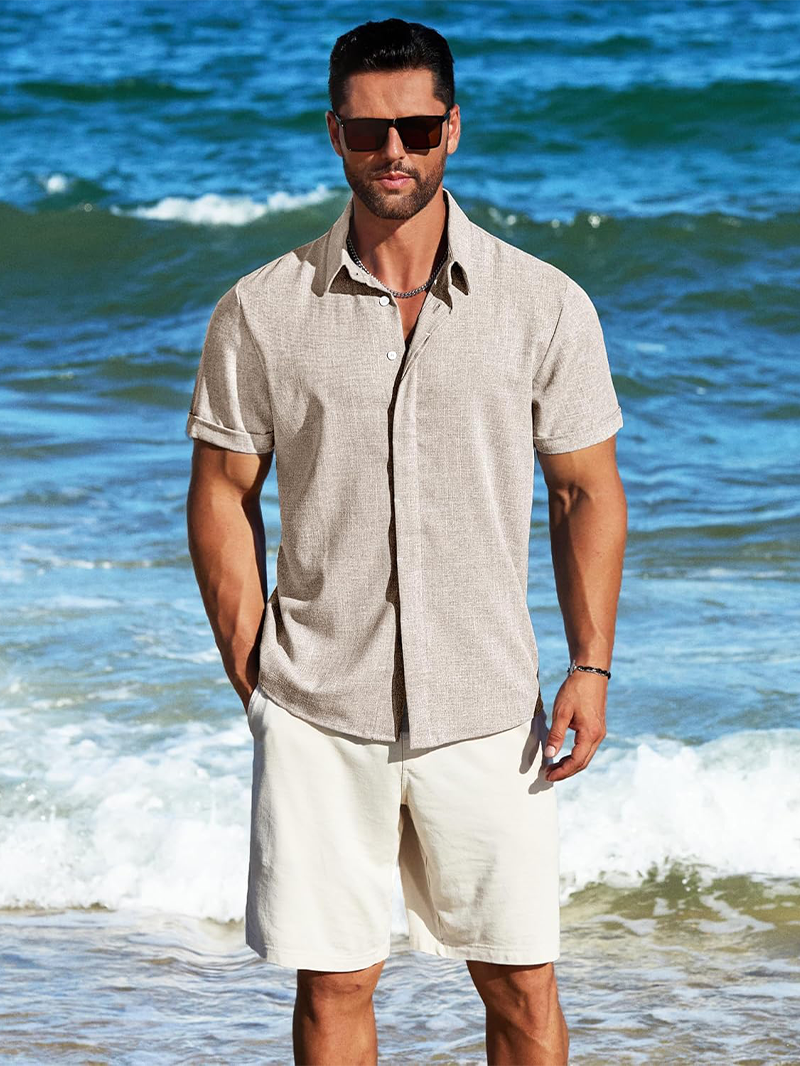 Men's Linen Shirt Short Sleeve Button Casual Shirt Business Formal Beach Fashion Summer Tops