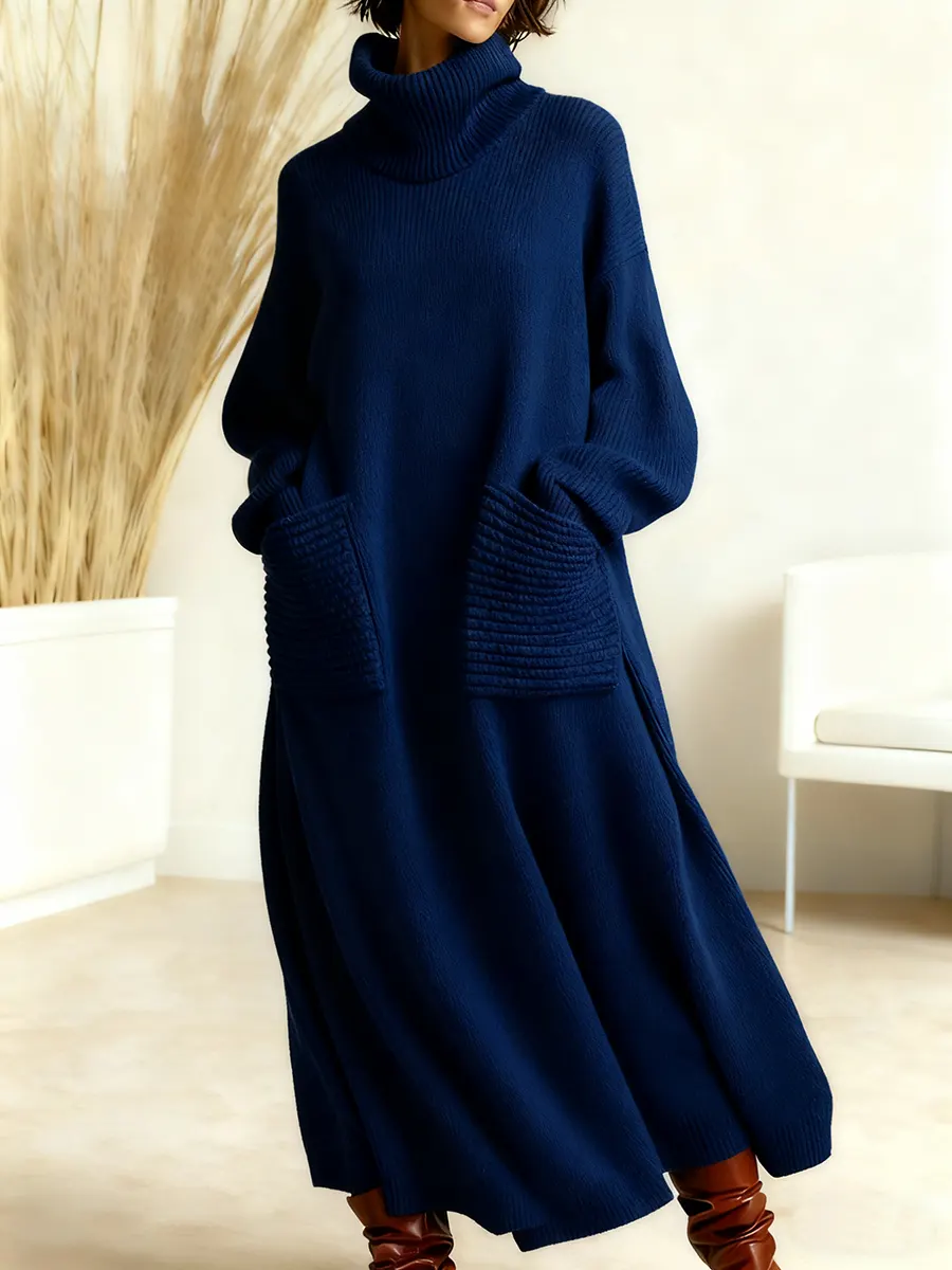 Women's Solid Color High-Neck Long-Sleeve Casual Loose Knit Dress