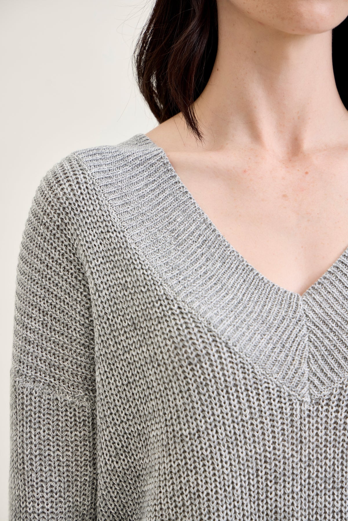 Slouchy V-Neck Off Shoulder Grey Sweater