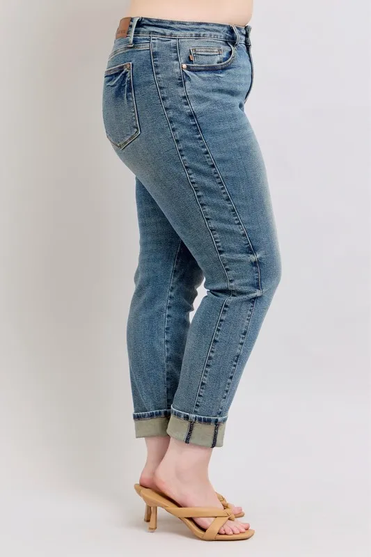 Blue Full Size Mid Rise Vintage Wash Double Roll Cuff Boyfriend Jeans Plus Size