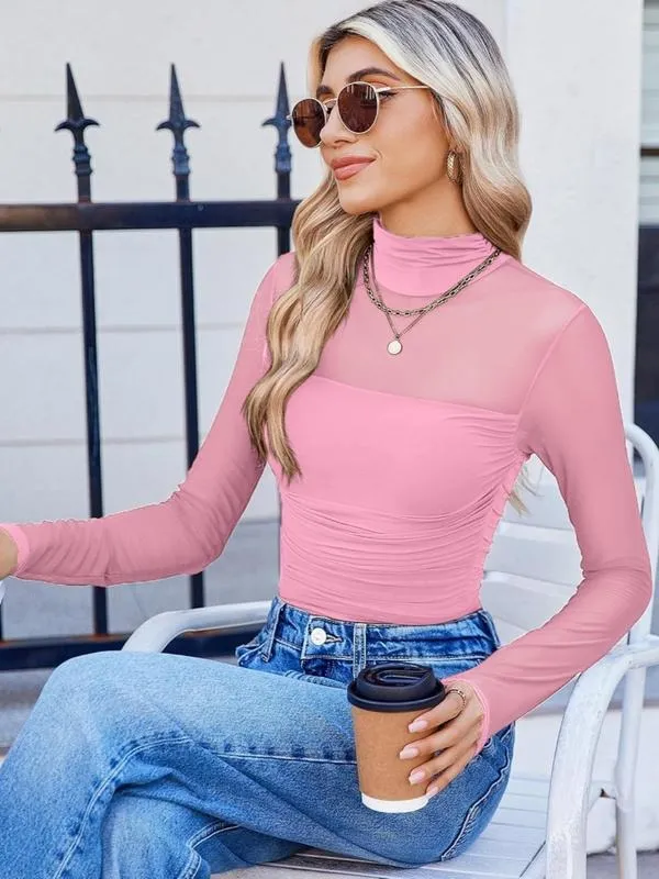 Women's Plain Round Neck Sheer Mesh Patchwork Long Sleeve Sexy Top