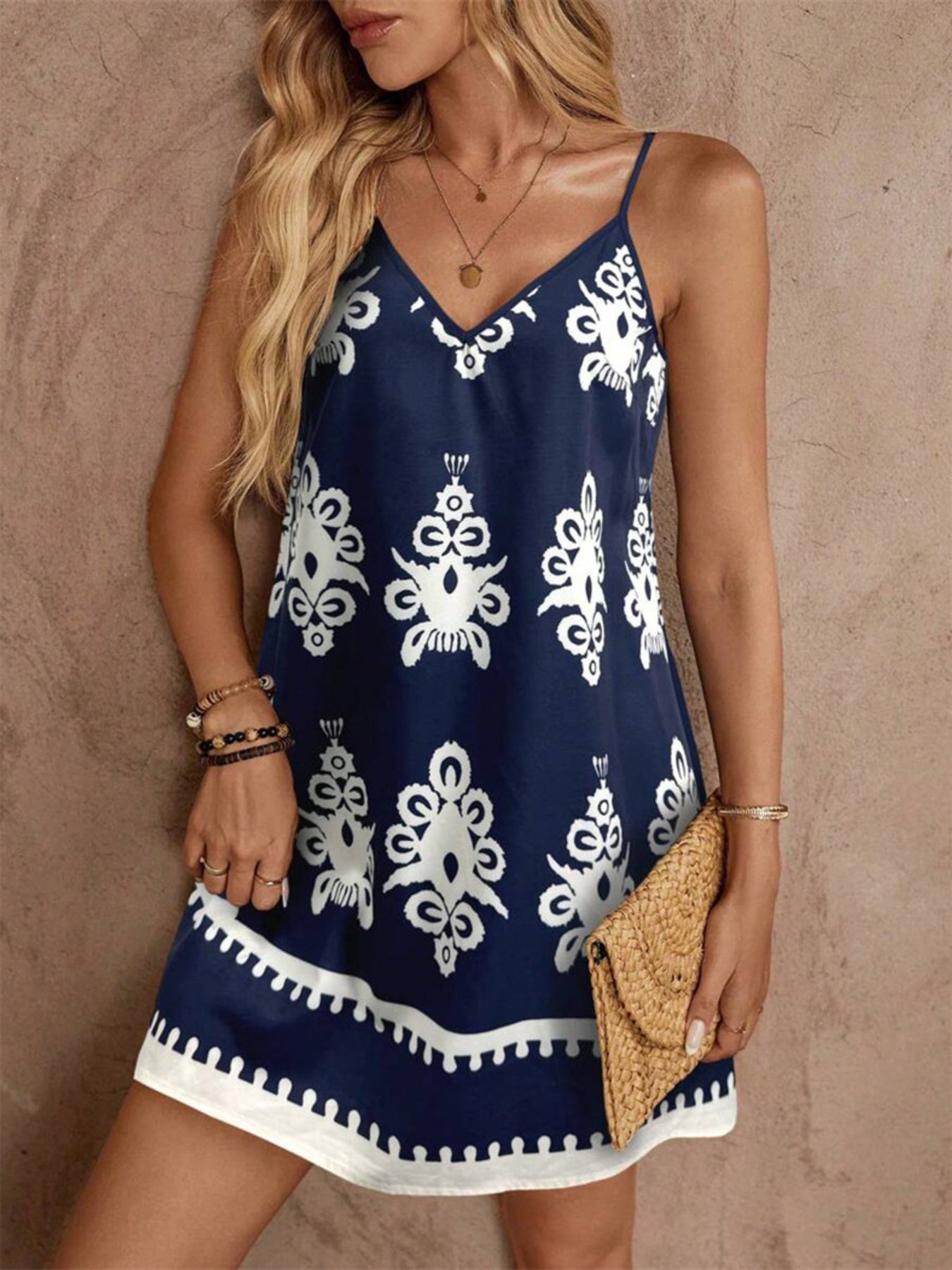 Printed V-Neck Sleeveless Mini Dress