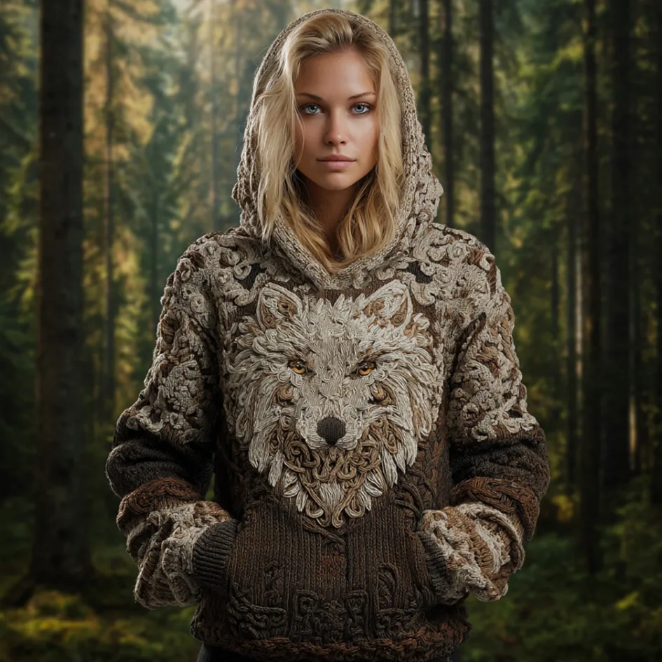 Viking Retro Style Wolf Element Women's Hooded Knit Sweater