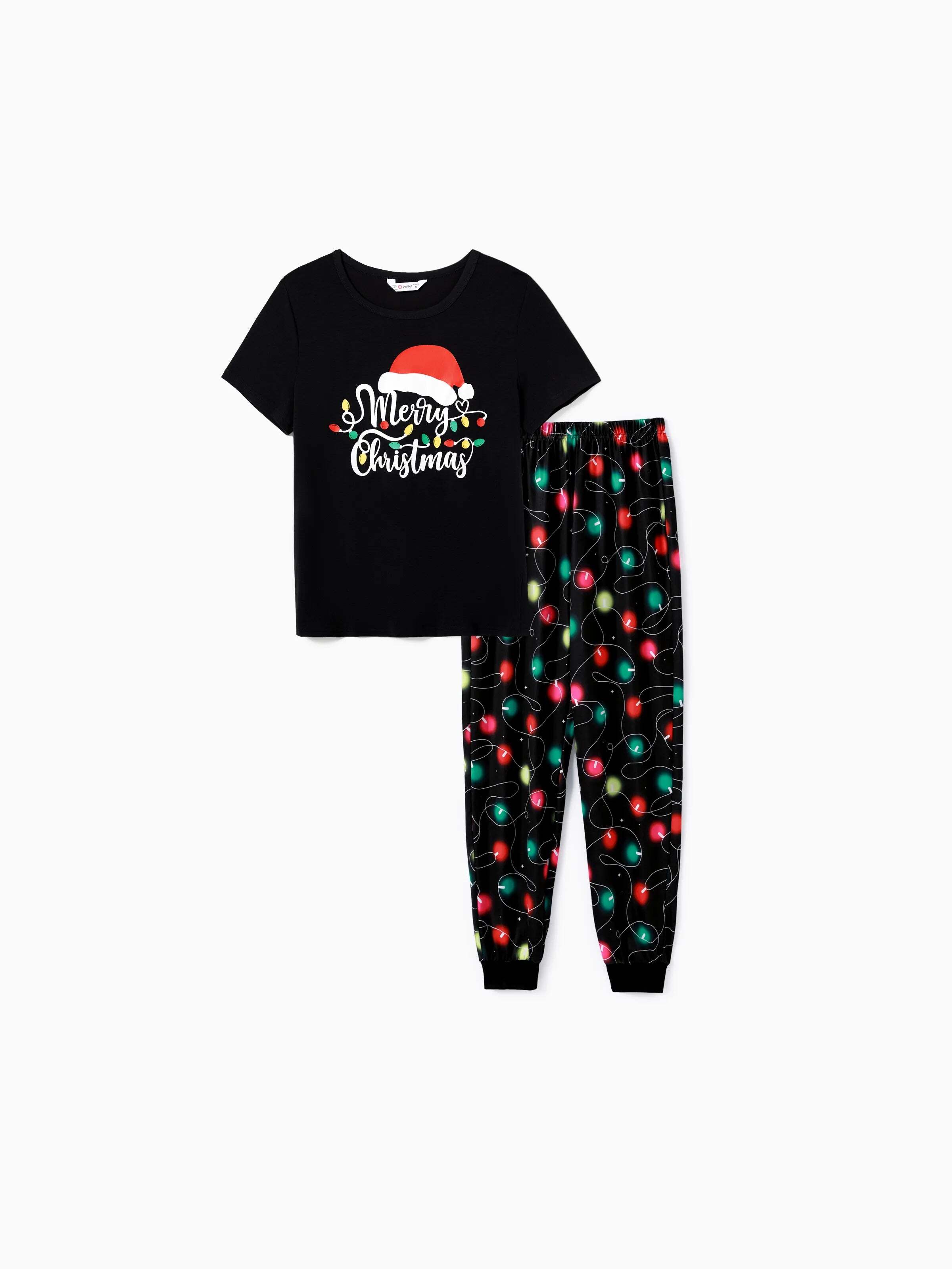 Christmas Family Matching Letters&Festive light bulb Print Short-sleeve Pajamas Sets Black