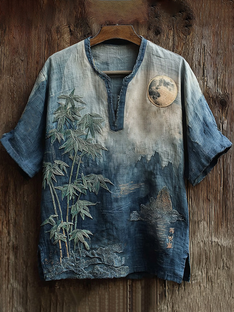Men's Japanese Moonlit Bamboo Embroidery Art Linen Shirt