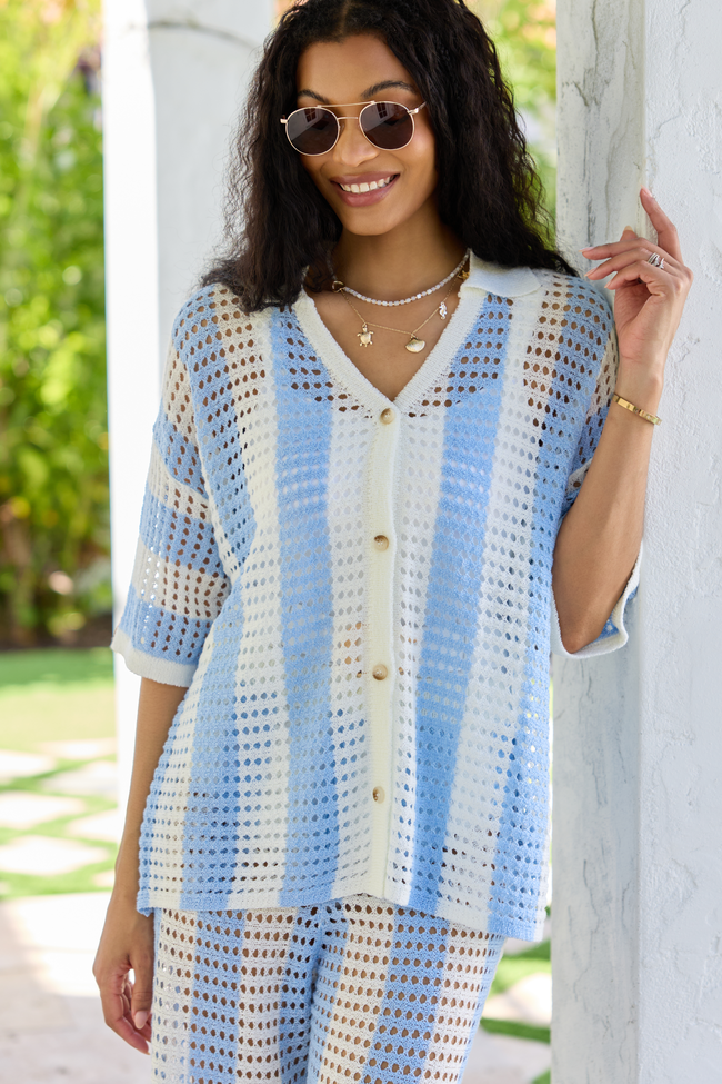Blue Stripe Crochet Cover-Up Top