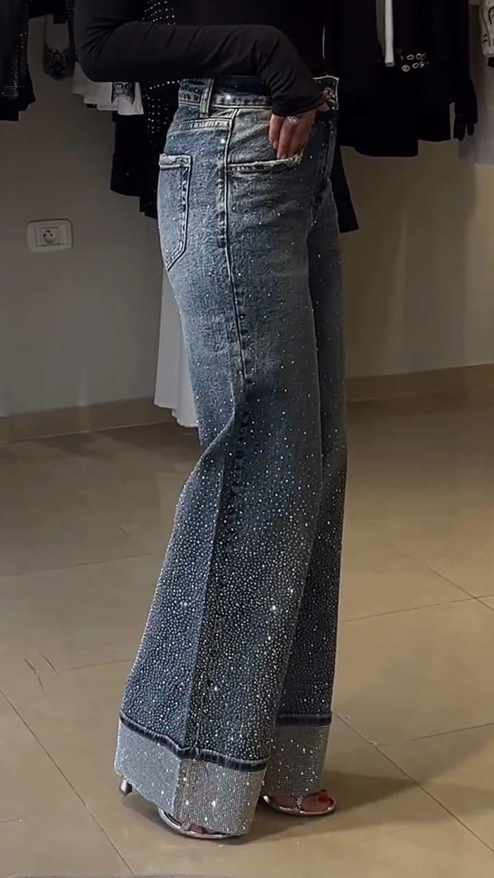 Women Rhinestone Washed Stitching Casual Jeans