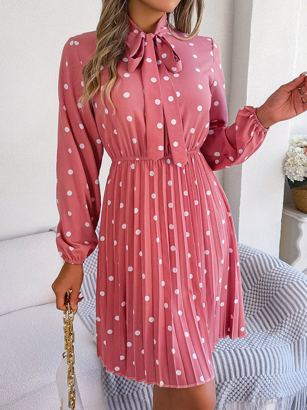 Elegant Polka-Dot Lace-Up Waist Long-Sleeved Pleated Skirt