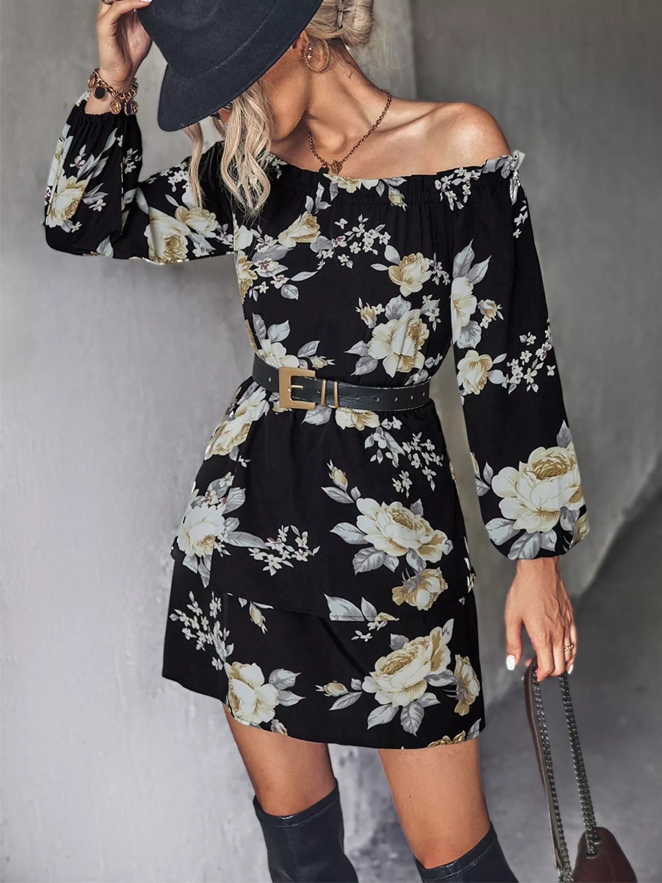Off-Shoulder Floral Print Long Sleeve Mini Dress