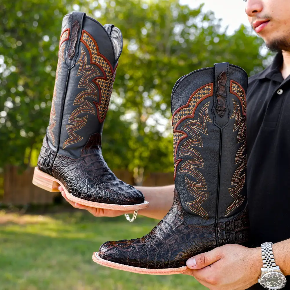 Brown Caiman Neck Leather Boots - Square Toe