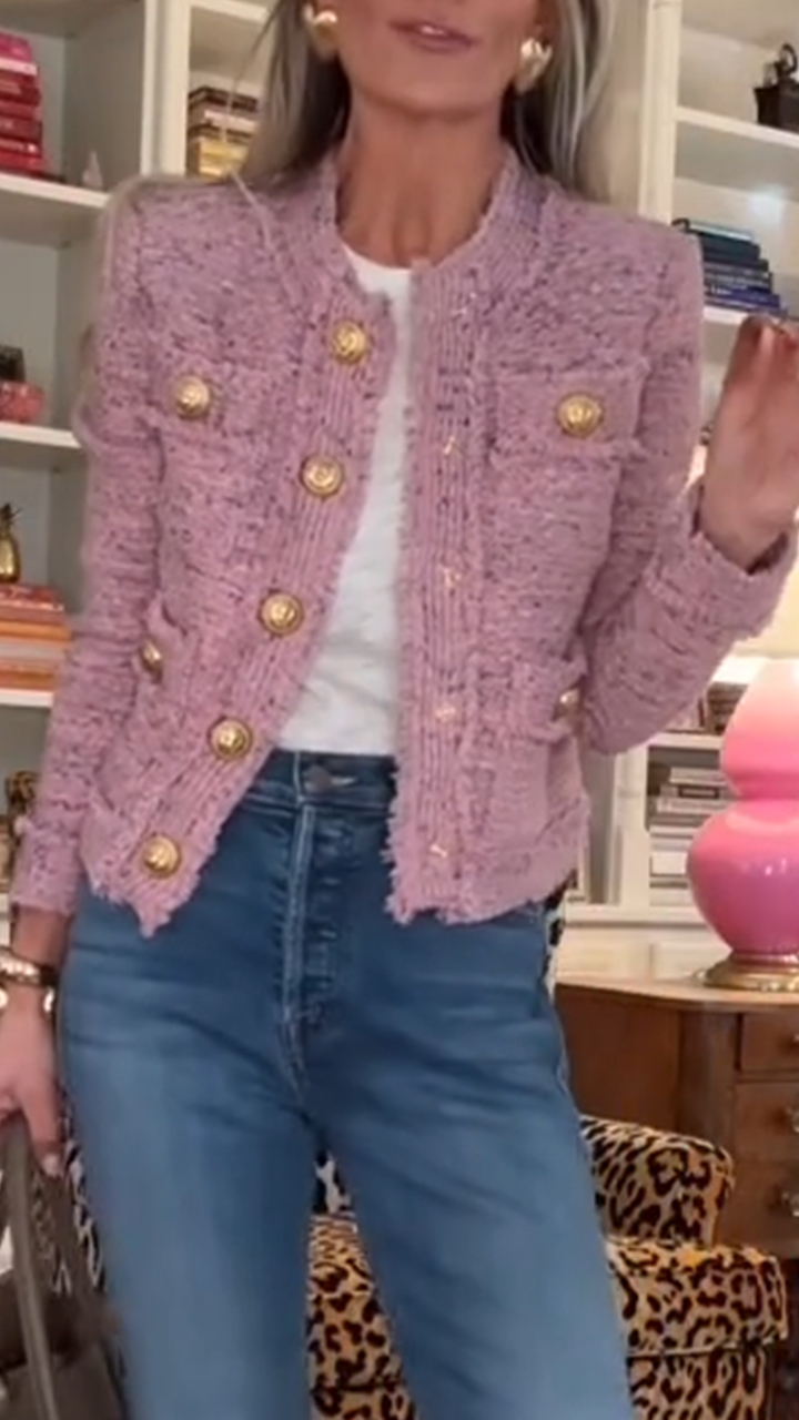 Women Round Neck Buckle Splicing Small Fragrant Style Jacket