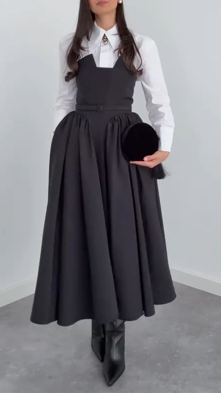 Women Laple Collar Shirt+ Strapless Patchwork Dress Elegant Temperament Set