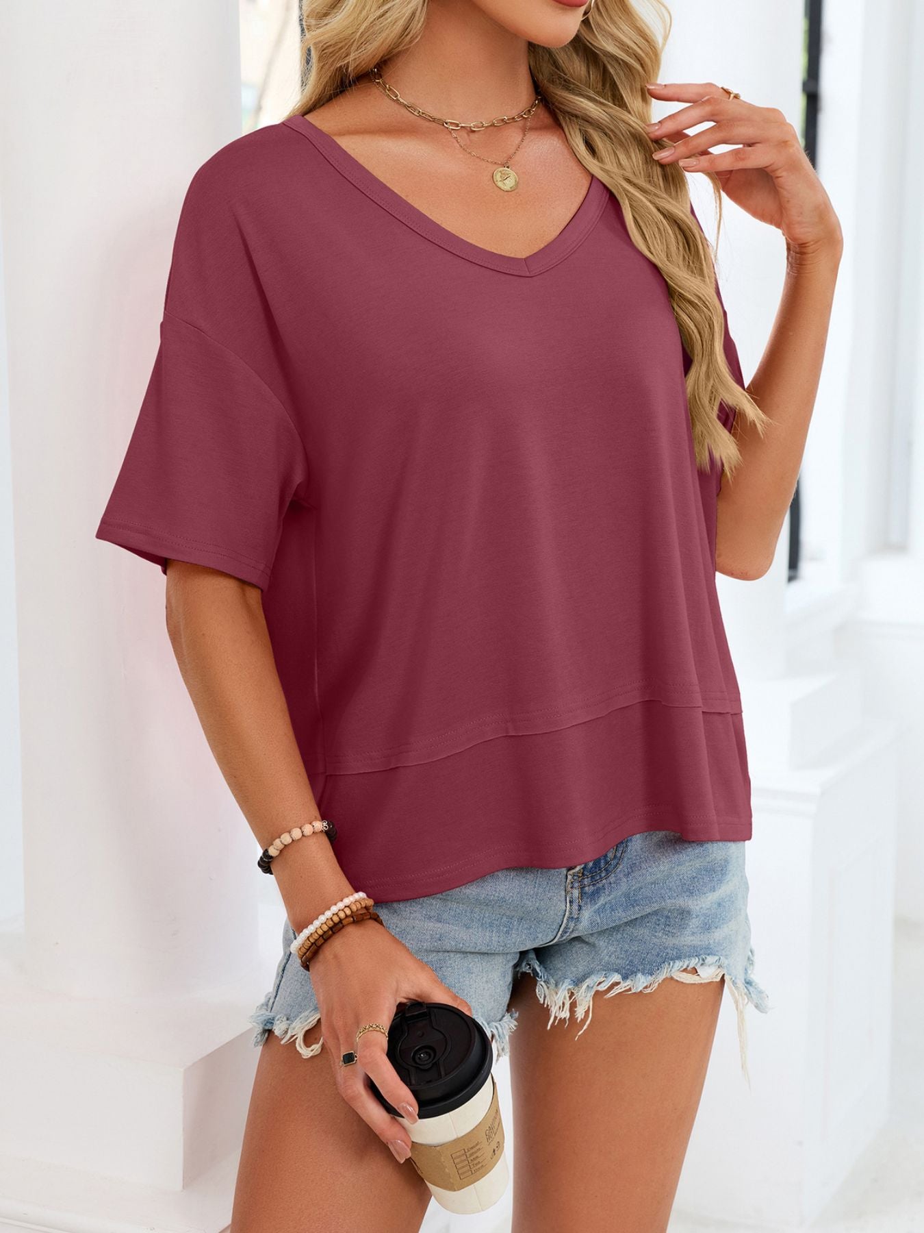 V-Neck Relaxed Fit Solid Color T-Shirt