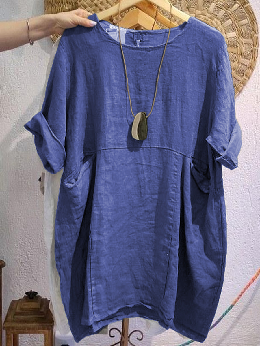Women's Linen And Cotton Round-neck Dress