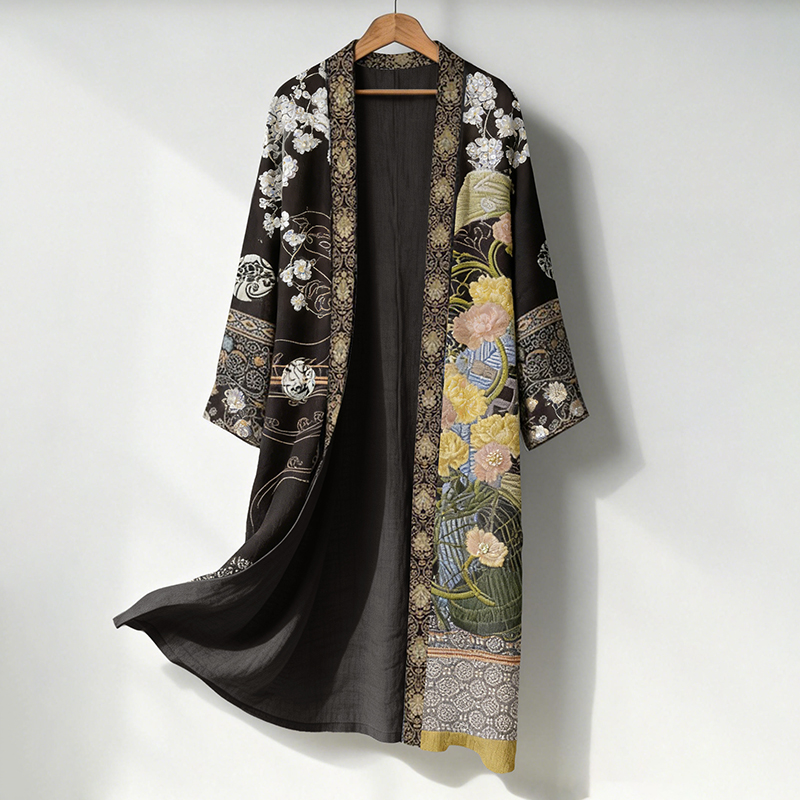Men's Retro Japanese Art Print Linen Long Kimono