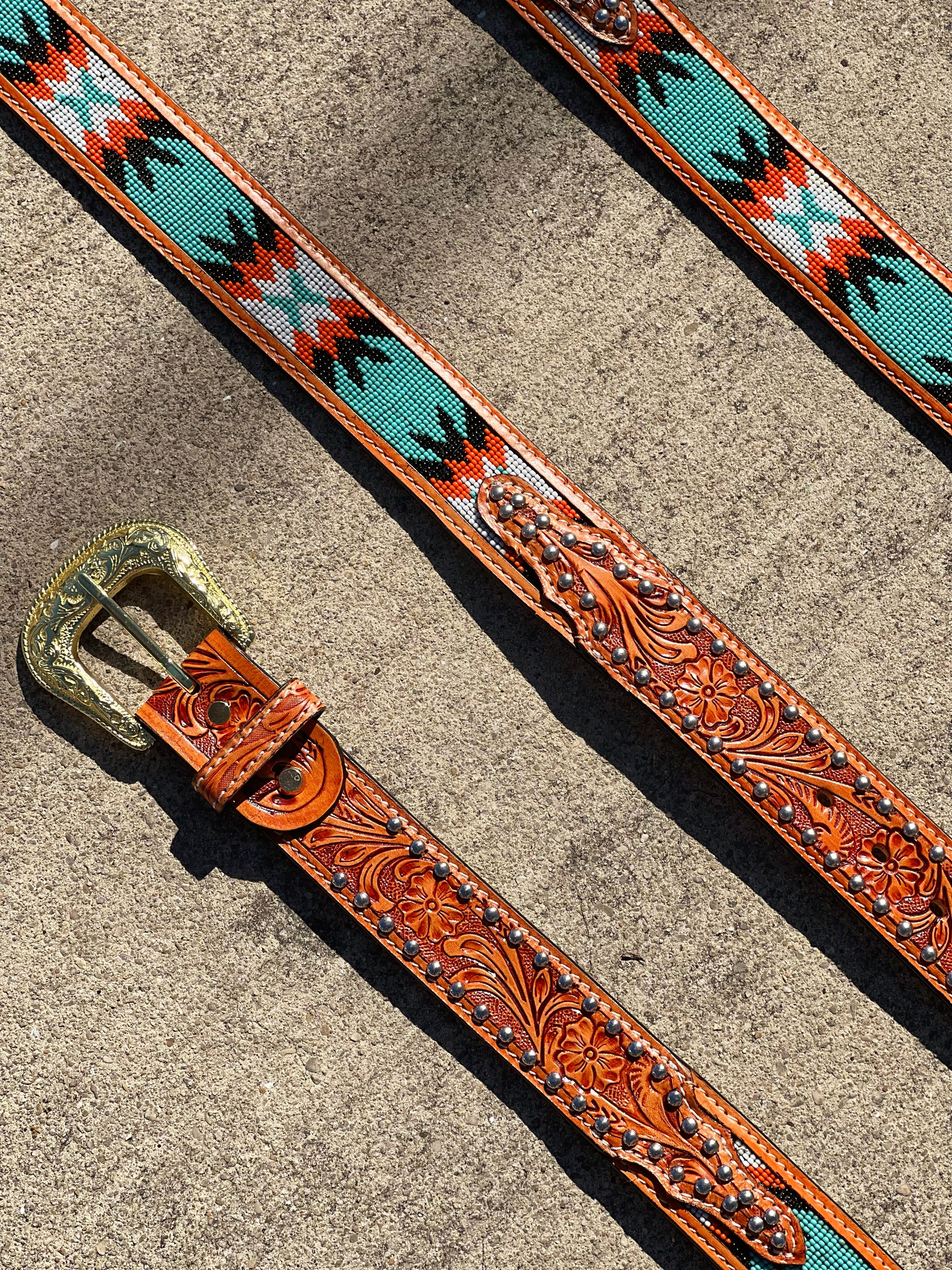 Cognac Artesanal Tabs With Turquoise & Orange Beaded Belt