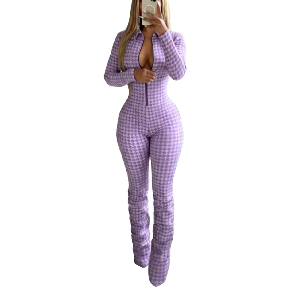 Women's timeless houndstooth jumpsuit with zipper closure