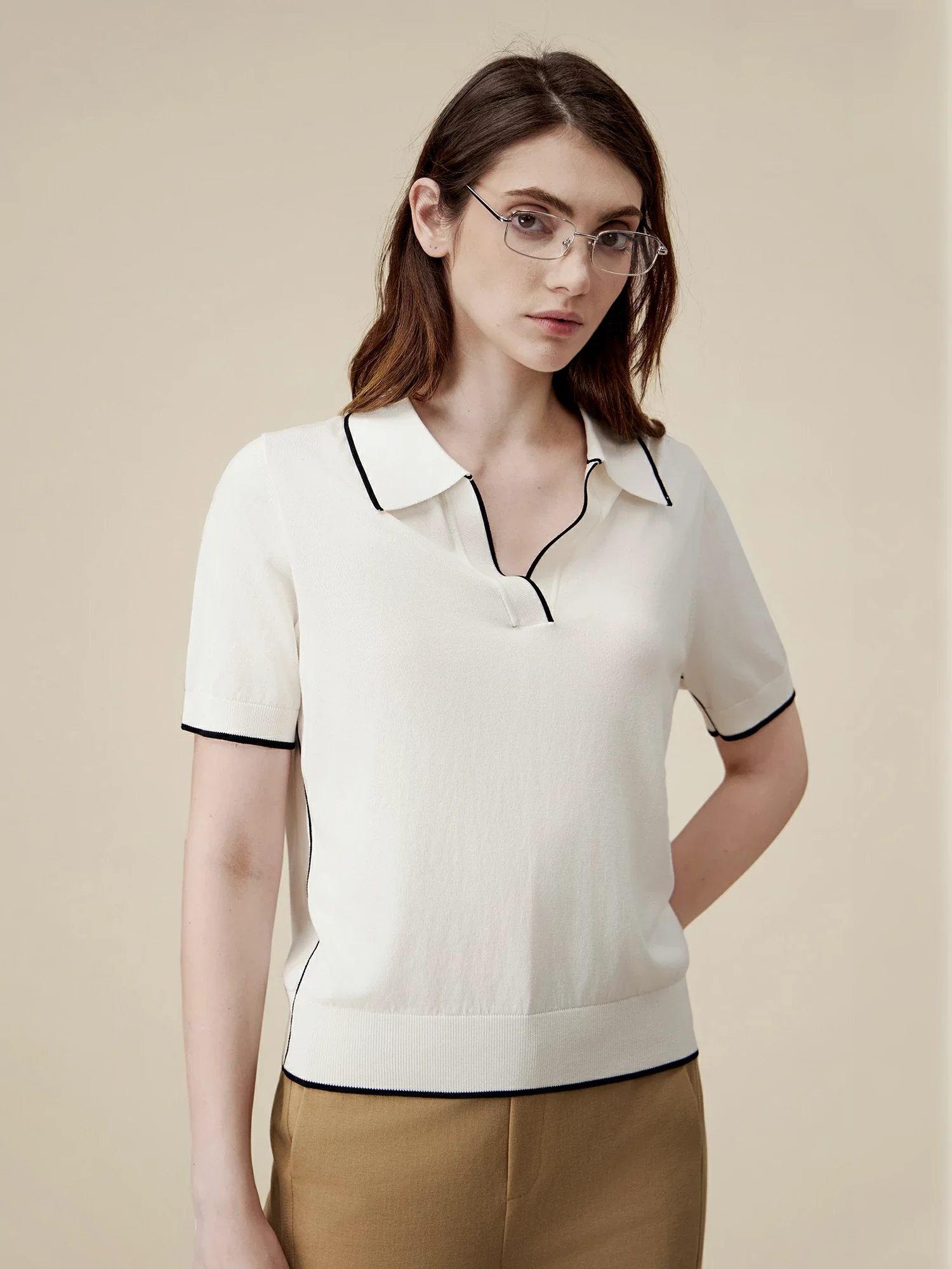 Lyocell Contrast Knit Blouse Top