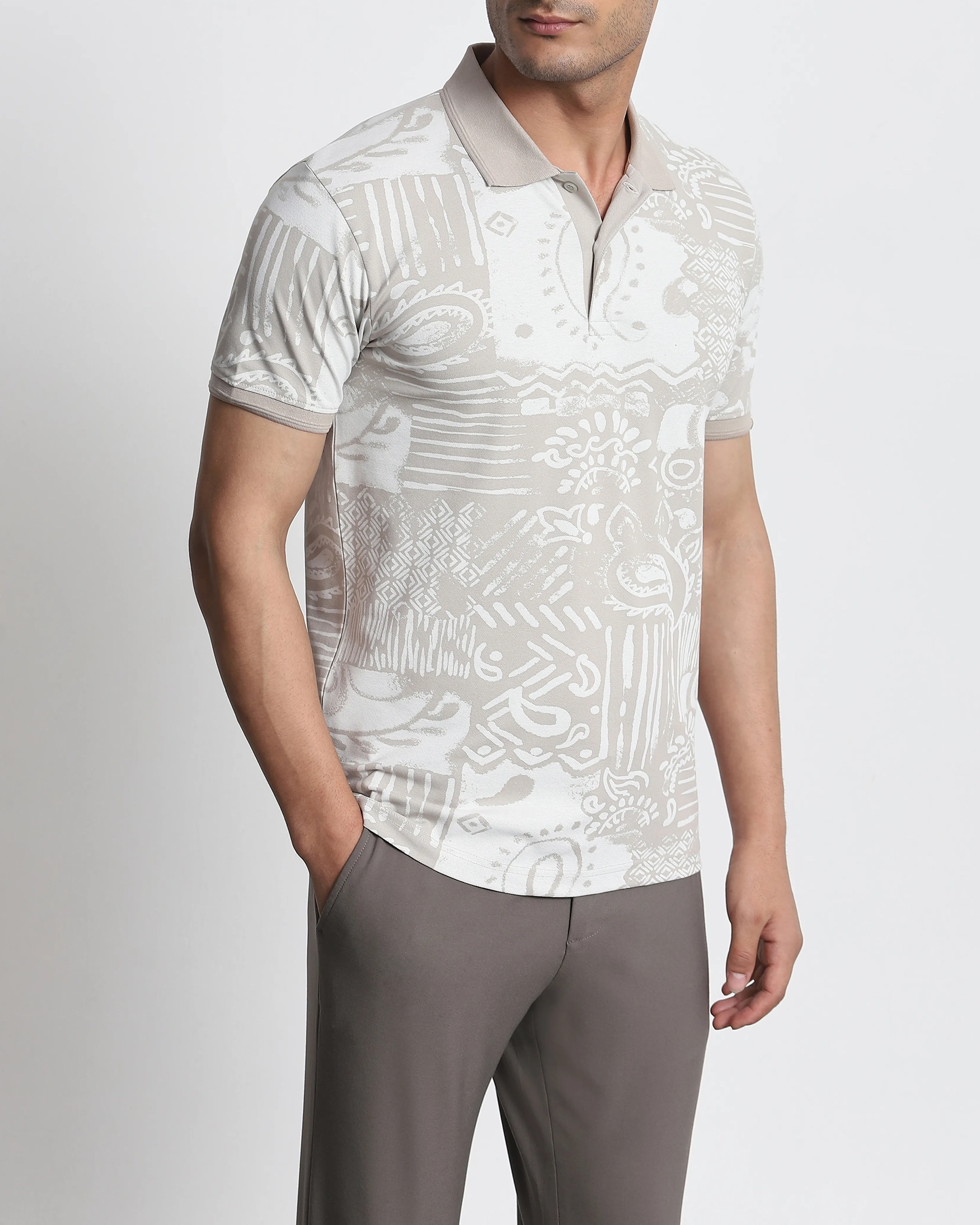 Daily Simple And Slimming Grey Abstract Print Polo Shirt