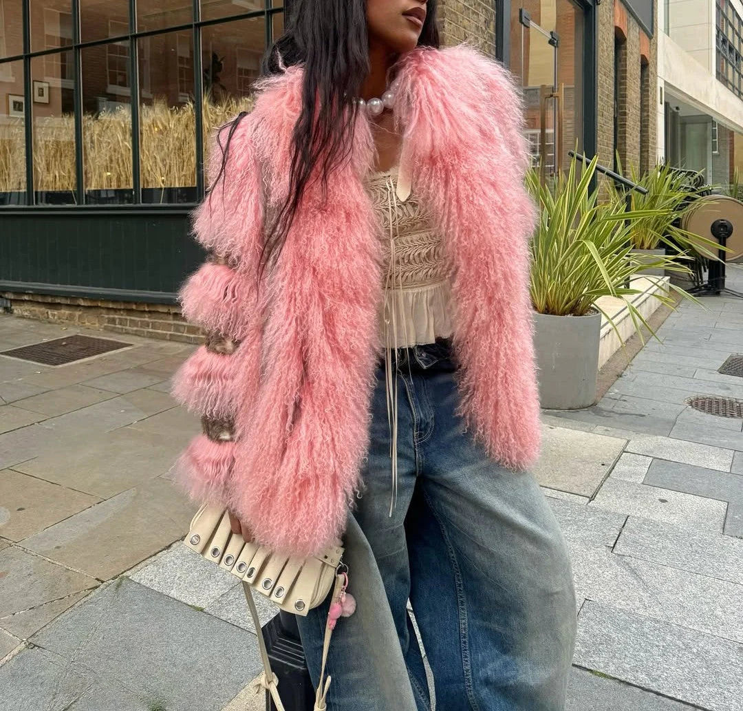 Pink Ribbed Sleeve Eco-Friendly Fur Coat