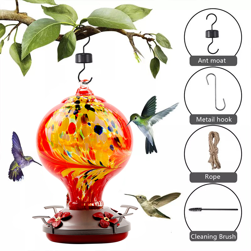 Hand Blown Glass Hummingbird Feeder  - 32 Ounces