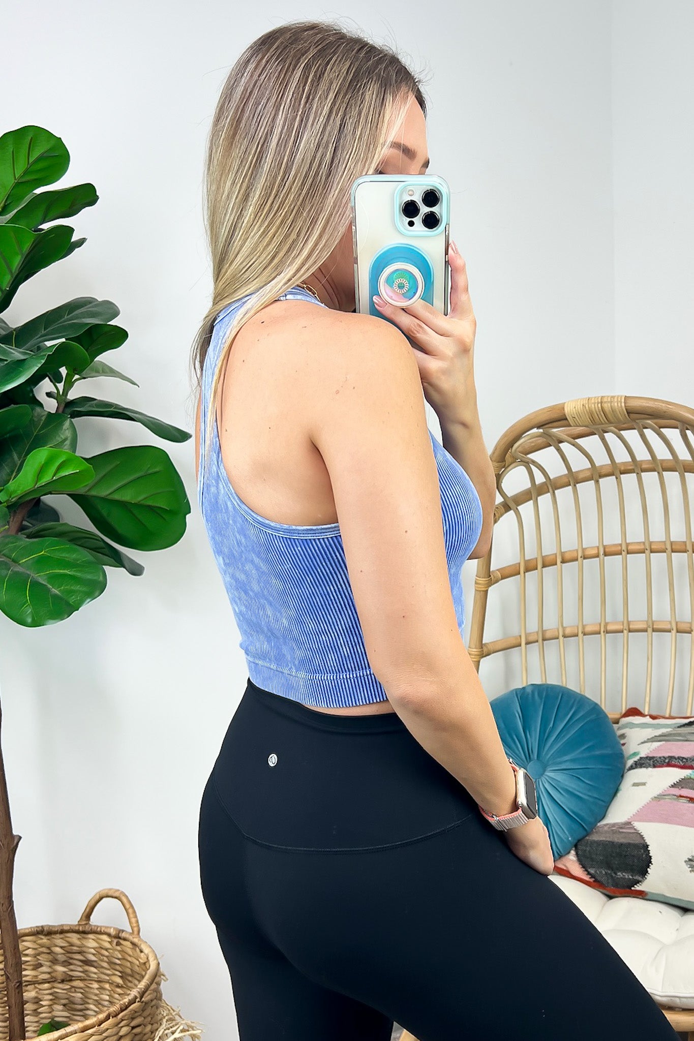 Washed Ribbed High Neck Cropped Tank Top