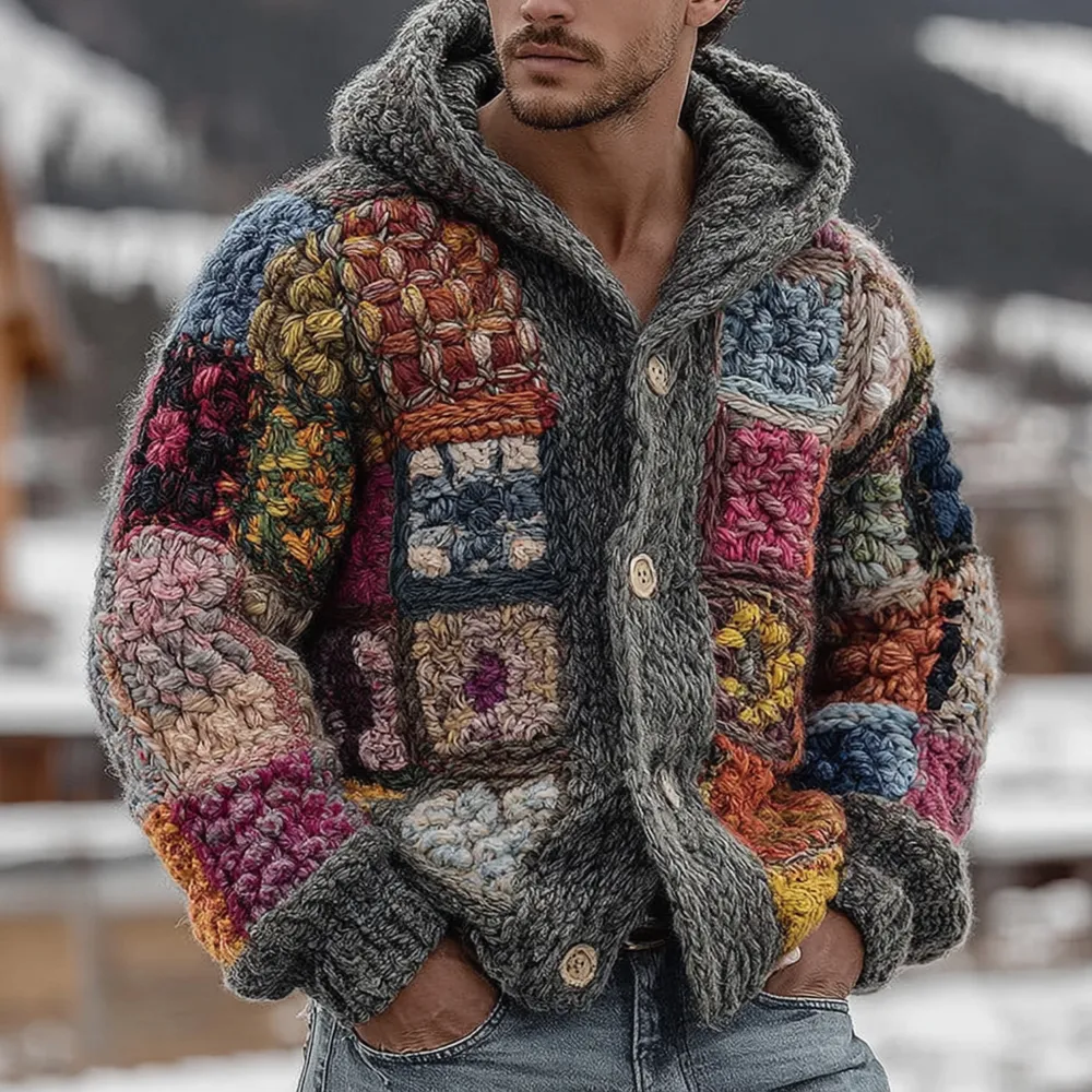 Men's Retro Geometric Knitted Warm Button Hooded Sweater