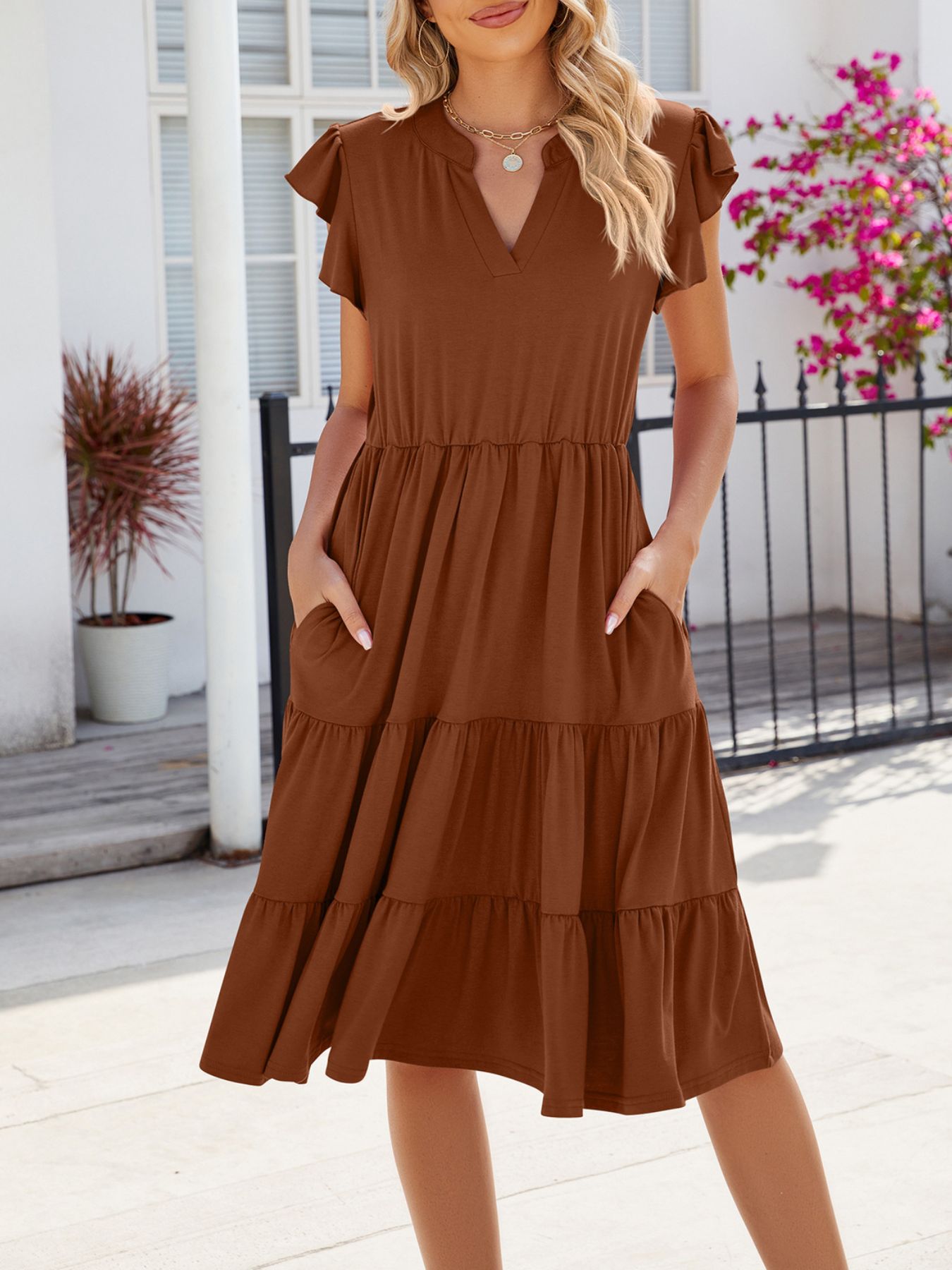 Ruffled Notched Tiered Midi Dress