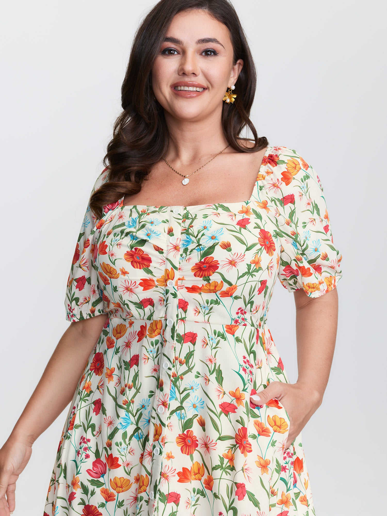 Floral Print Button Placket Maxi Dress